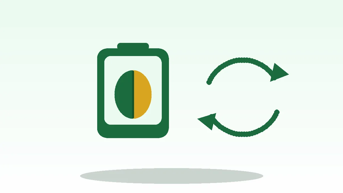 Illustratie: thuisbatterij met blad-symbool en kringlooppijlen — hoe duurzaam is opslag echt