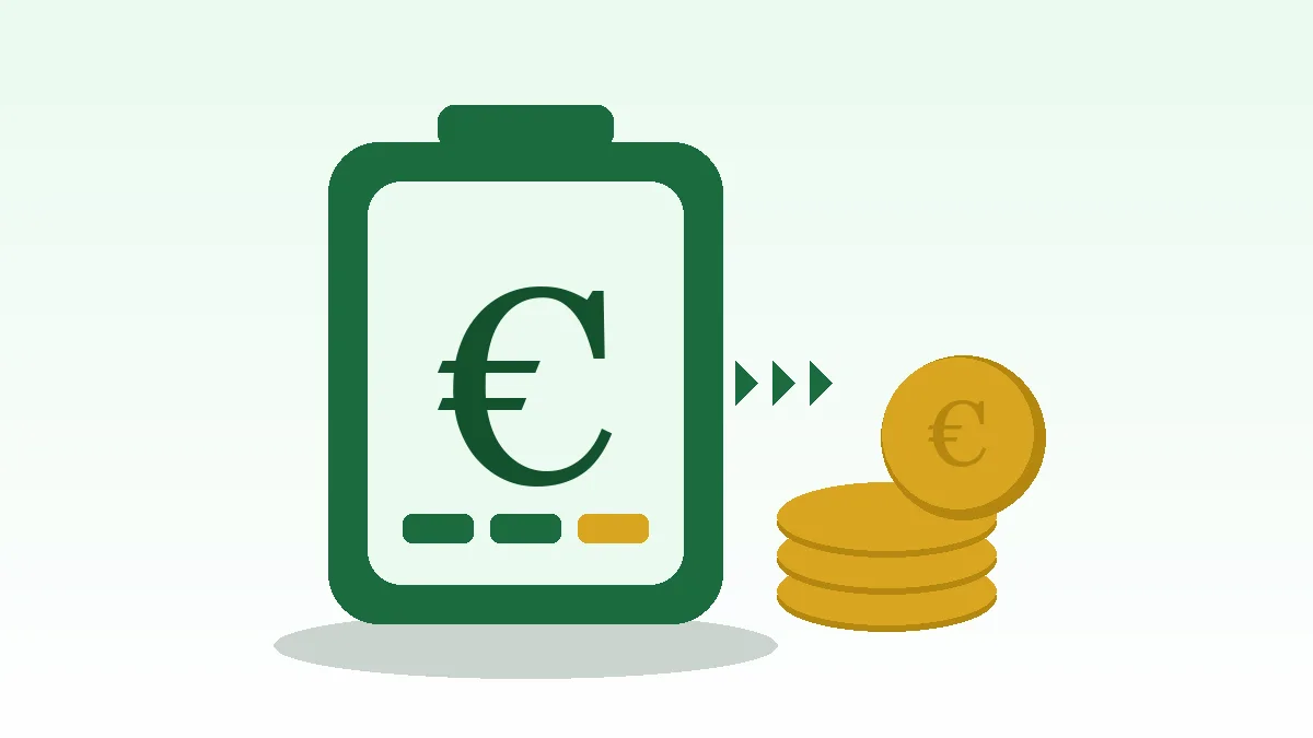 Illustratie: thuisbatterij met euroteken en muntstapel — elke opgeslagen kWh heeft een kostprijs