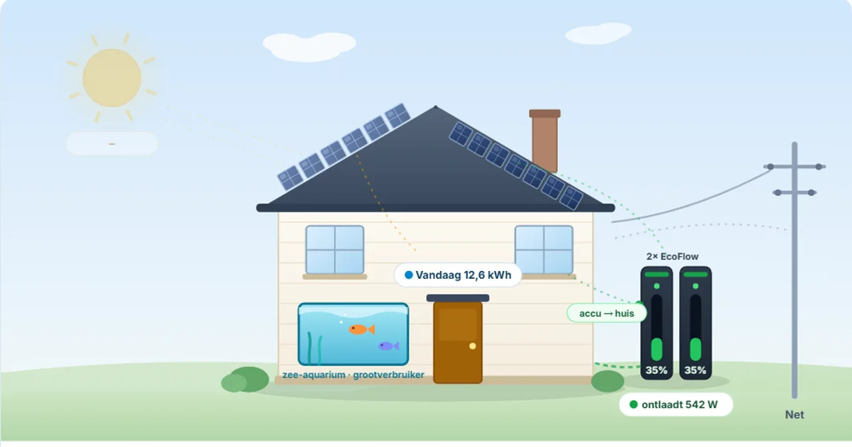 Live energieschema van ons eigen huis: zon, accu's en net