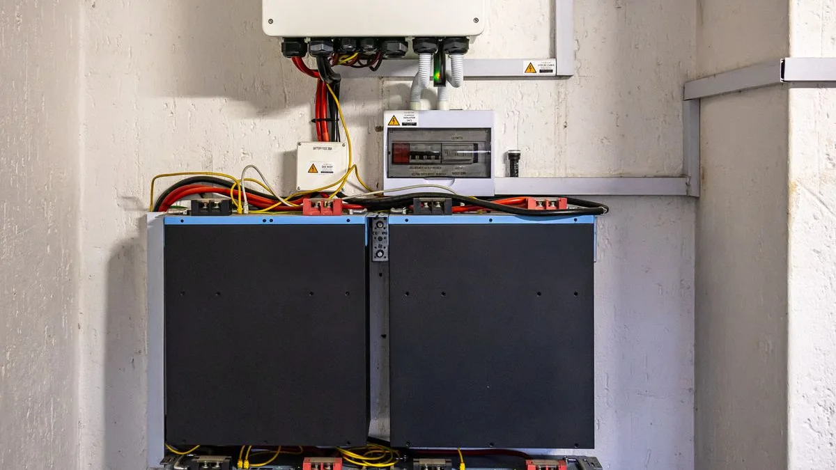 Wandgemonteerde omvormer met daaronder gestapelde batterijmodules en een losse zekeringkast in een technische ruimte