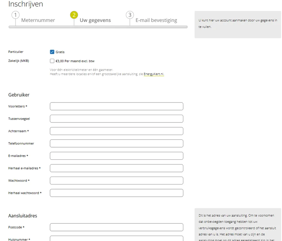 Inschrijfstap 2: uw gegevens, particulier is gratis