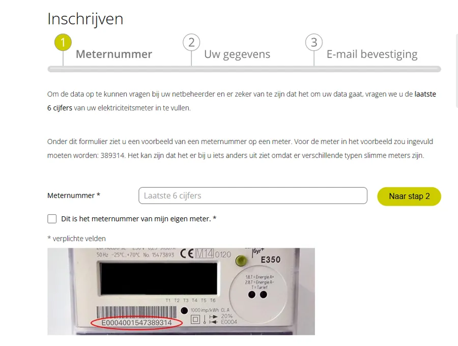 Inschrijfstap 1: laatste 6 cijfers van het meternummer