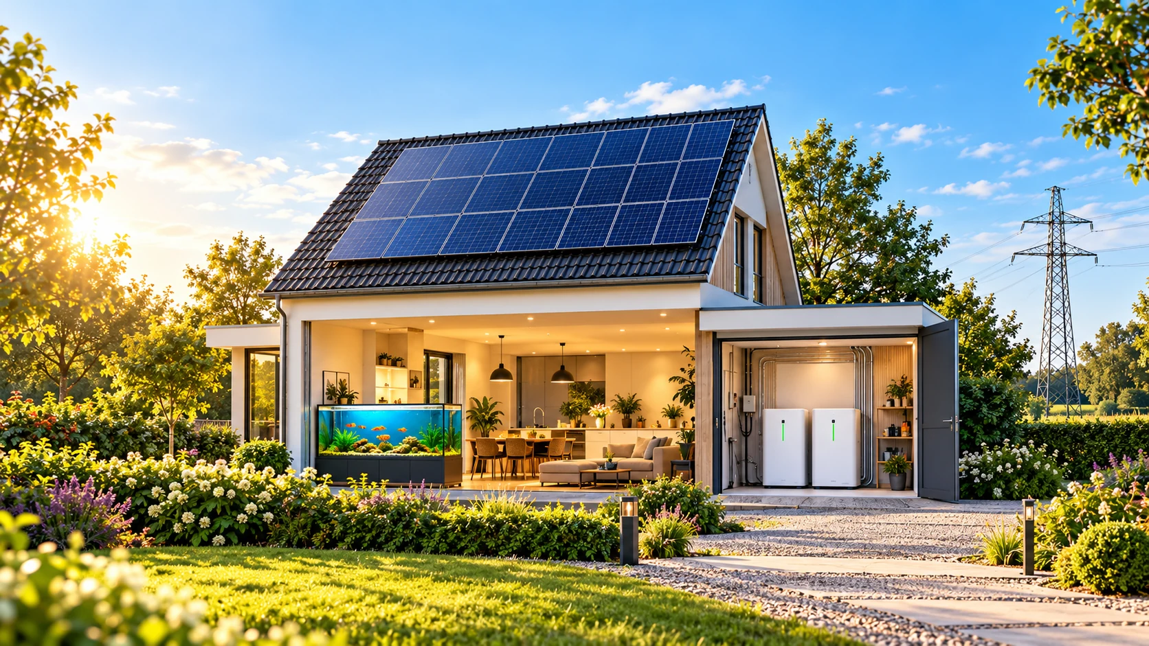 Illustratie van een woning met zonnepanelen, aquarium en twee thuisaccu's; de overlays tonen de echte metingen